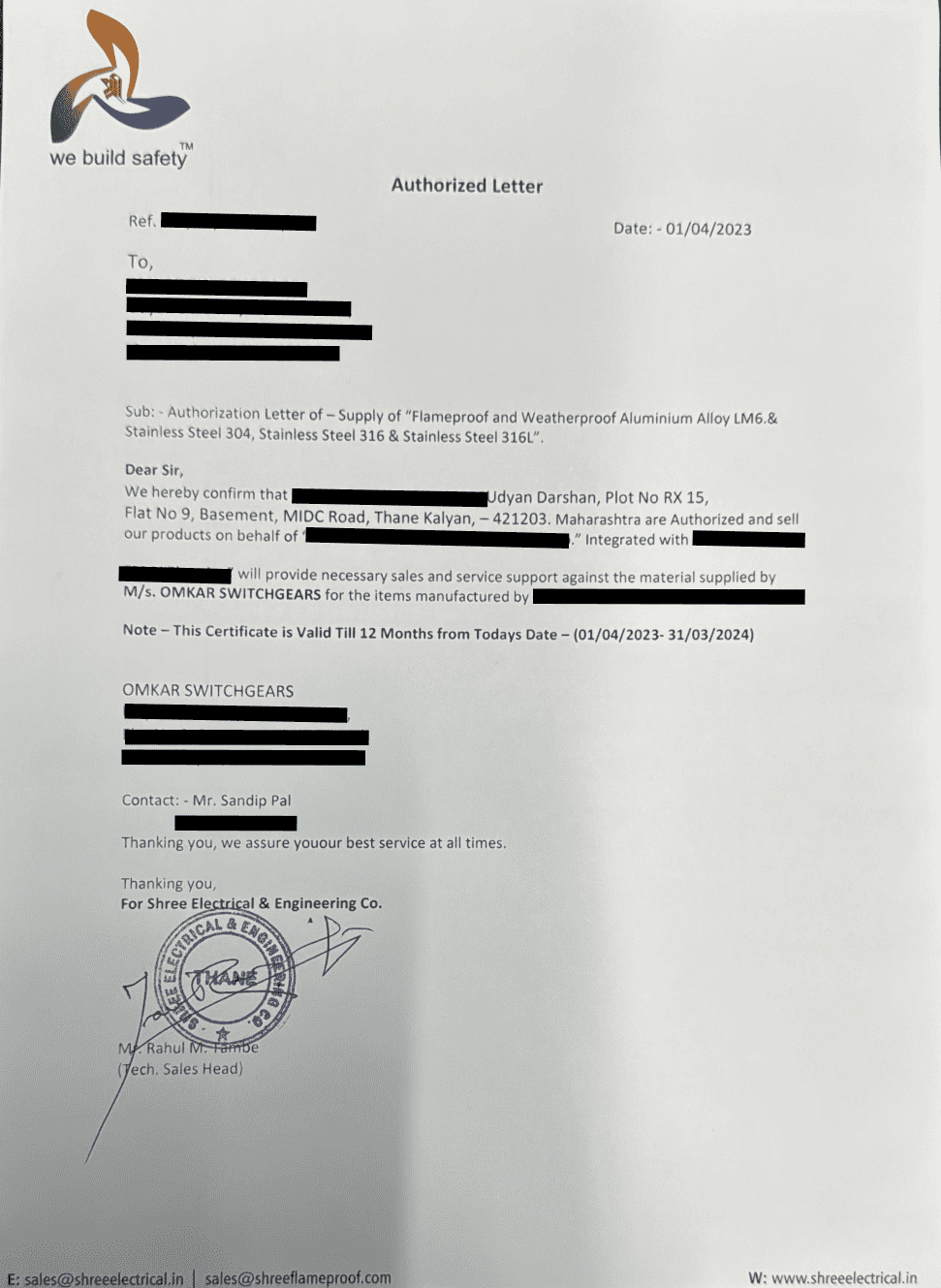 Authorized letter for Flameproof Panel